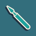 Green Medical surgery scalpel tool icon isolated on green background. Medical instrument. Long shadow style. Vector
