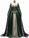 Green medieval female dress decorated with silver lace on a mannequin.