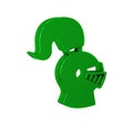 Green Medieval iron helmet for head protection icon isolated on transparent background. Knight helmet.