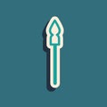 Green Medieval spear icon isolated on green background. Medieval weapon. Long shadow style. Vector