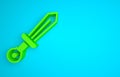 Green Medieval sword icon isolated on blue background. Medieval weapon. Minimalism concept. 3D render illustration