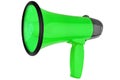 Green megaphone on white background isolated close up, hand loudspeaker design, loudhailer or speaking trumpet illustration