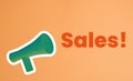 Green megaphone with white line and the word Sales against orange background. Advertisement idea. Minimal banner ad concept.