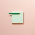 Green memo paper, sticky notes with colored pencil on pink background