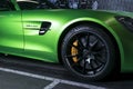 Green Mercedes-Benz AMG GTR 2018 V8 Biturbo exterior details. Tyre and alloy wheel. Carbon Ceramic brakes. Car exterior details