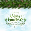 Green Merry Christmas Typographical on snowy frozen background with garland of tree branches