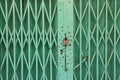 Green metal door with look and bullet holes around it Royalty Free Stock Photo