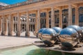 Green Metal Fountain with Silver Balls in Courtyard Royalty Free Stock Photo