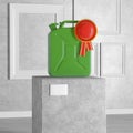 Green Metal Fuel Jerrycan with Red Award Ribbon Rosette over Pedestal, Stage, Podium or Column in Art Gallery or Museum. 3d Royalty Free Stock Photo