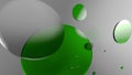 Green metal and opaque circles and cylinders on colored background. Abstract background for graphic design with transparent glass