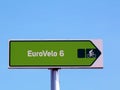 Green metal plate road sign indicating bicycle path EuroVelo 6 Royalty Free Stock Photo