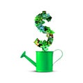 Green metal watering can with a sign dollar made from leaves. Isolated on a white background. Growth concept. Care Royalty Free Stock Photo