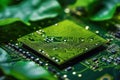 Green micro chip on circuit board and green leaves. Ecological concept.