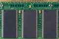 Green microchip of old computer random access memory with black microcircuits, top view Royalty Free Stock Photo
