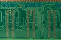 Green microcircuit of old computer random access memory from top side, top view