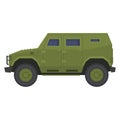 Green military off road jeep side view vector flat armored battle transportation heavy camouflage Royalty Free Stock Photo