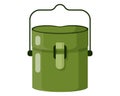 Green military soldier metal camping pot or mess kit for cooking. Touristic equipment for camping and tourism