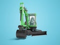 Green mini tracked excavator with turned cab to the left 3d render on blue background with shadow