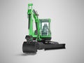 Green mini tracked excavator with turned cab to the left 3d render on gray background with shadow