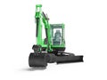 Green mini tracked excavator with turned cab to the left 3d render on white background with shadow