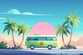Green minibus on the road. Blue sky without clouds. Palm trees andsummer mood. Pink sun on the sky