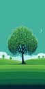 Green minimalist Spring Tree on a meadow. Vector Illustration.