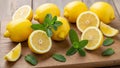 Green mint leaves Mentha are scattered around the lemons adding a Royalty Free Stock Photo