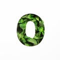 Green mint number zero made of natural leafs and paper cut null shape isolated on white. Typeface from leaves