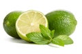 Green mint, two limes with half of a juicy lime Royalty Free Stock Photo