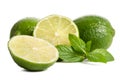 Green mint, two limes with half of a juicy lime Royalty Free Stock Photo