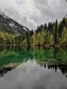 Green mirroring lake in forest and mountains covered by snow Royalty Free Stock Photo