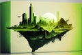 Green modern cityscape in abstract art with forest double exposure