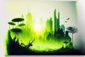 Green modern cityscape in abstract art with forest double exposure