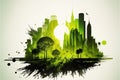 Green modern cityscape in abstract art with forest double exposure