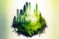 Green modern cityscape in abstract art with forest double exposure