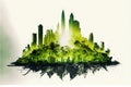 Green modern cityscape in abstract art with forest double exposure