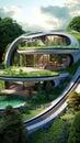 green modern futuristic home with roof solar panels, alternative energy technologies, contemporary house, generative AI