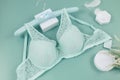 Green modern lady essentials: bra and cotton panty. Fashionable lingerie, female underwear. Lace gentle panties and bra