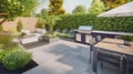 Green modern patio garden and backyard with BBQ, generative ai illustration