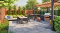 Green modern patio garden and backyard with BBQ, generative ai illustration