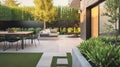 Green modern patio garden and backyard with seating place and table, generative ai illustration