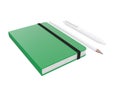 Green moleskine or notebook with pen and pencil and a black strap front or top view isolated on a white background 3d rendering Royalty Free Stock Photo