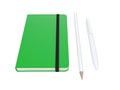 Green moleskine or notebook with pen and pencil and a black strap front or top view isolated on a white background 3d rendering Royalty Free Stock Photo