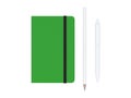 Green moleskine with pen and pencil and a black strap front or top view isolated on a white background 3d rendering