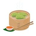 Green momo dumplings in wooden steamer basket