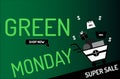 Green Monday sale concept, the shopping cart with gift on green background