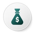 Green Money bag icon isolated on white background. Dollar or USD symbol. Cash Banking currency sign. White circle button. Vector Royalty Free Stock Photo