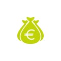 Green Money bag with white euro sign. Bagful Of Money. Wealth symbol. Vector flat illustration