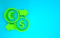 Green Money exchange icon isolated on blue background. Euro and Dollar cash transfer symbol. Banking currency sign Royalty Free Stock Photo