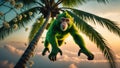 Green Monkey Leaping Through Tropical Paradise at Sunset Royalty Free Stock Photo